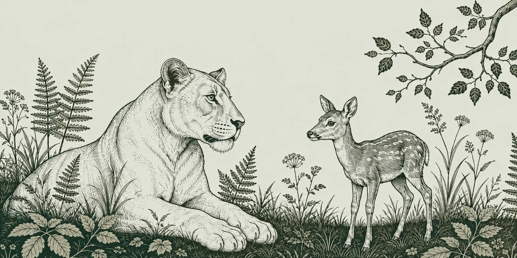 An imagined future: a resting lioness and a young deer coexist peacefully amid ferns, grasses and wildflowers.