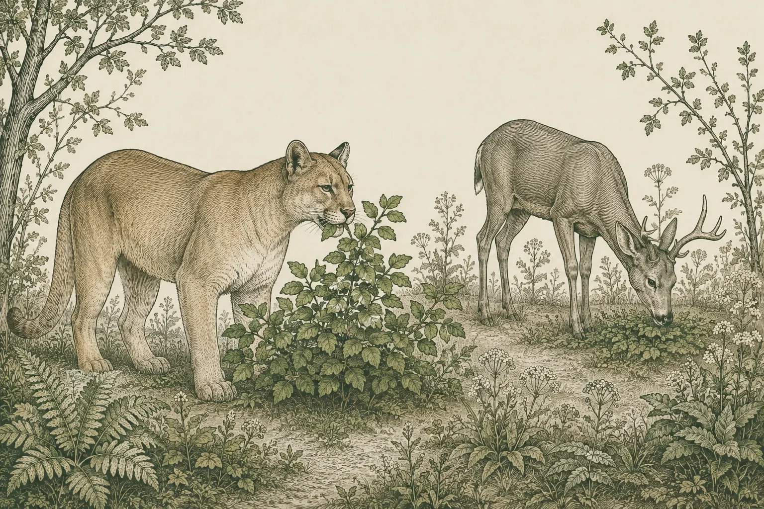 Conceptual illustration of a hypothetical herbivorous mountain-lion descendant eating leaves beside a calmly grazing deer.
