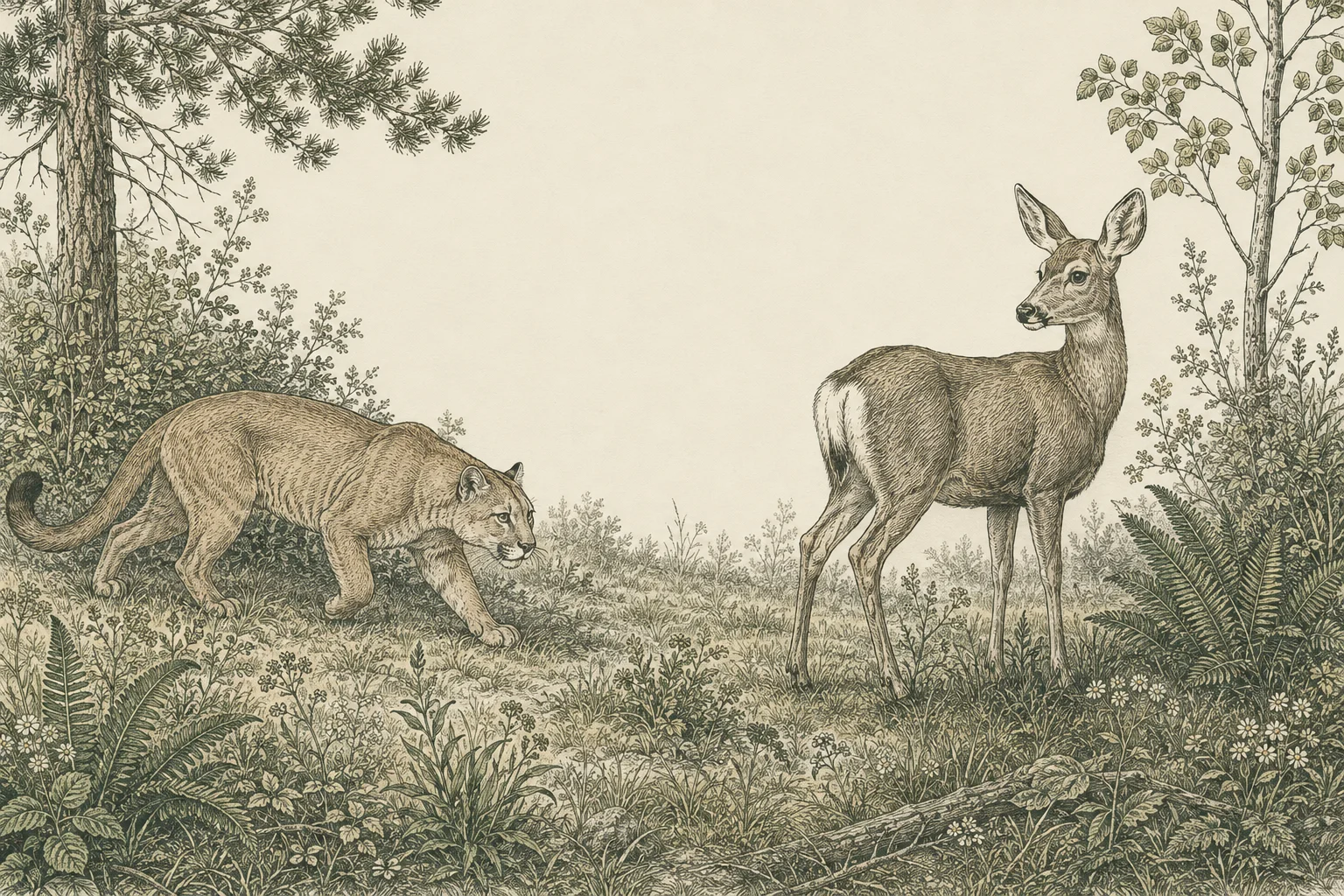 Natural-history illustration of a mountain lion stalking through a clearing as a mule deer watches alertly.